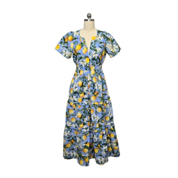 Anthropologie Dress Womens‎ XS Blue Lemon Print Cotton Maxi Tiered Puff Sleeve - Picture 2 of 12